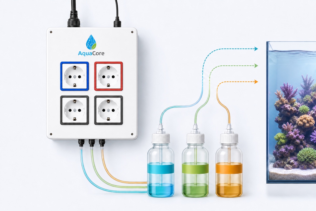 Los tres tubos de dosificación del AquaCore conectados a sus botellas de aditivo.