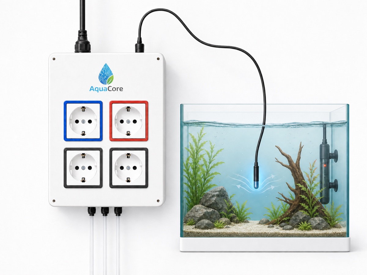 Un acuario con la sonda de temperatura sumergida y conectada al AquaCore.