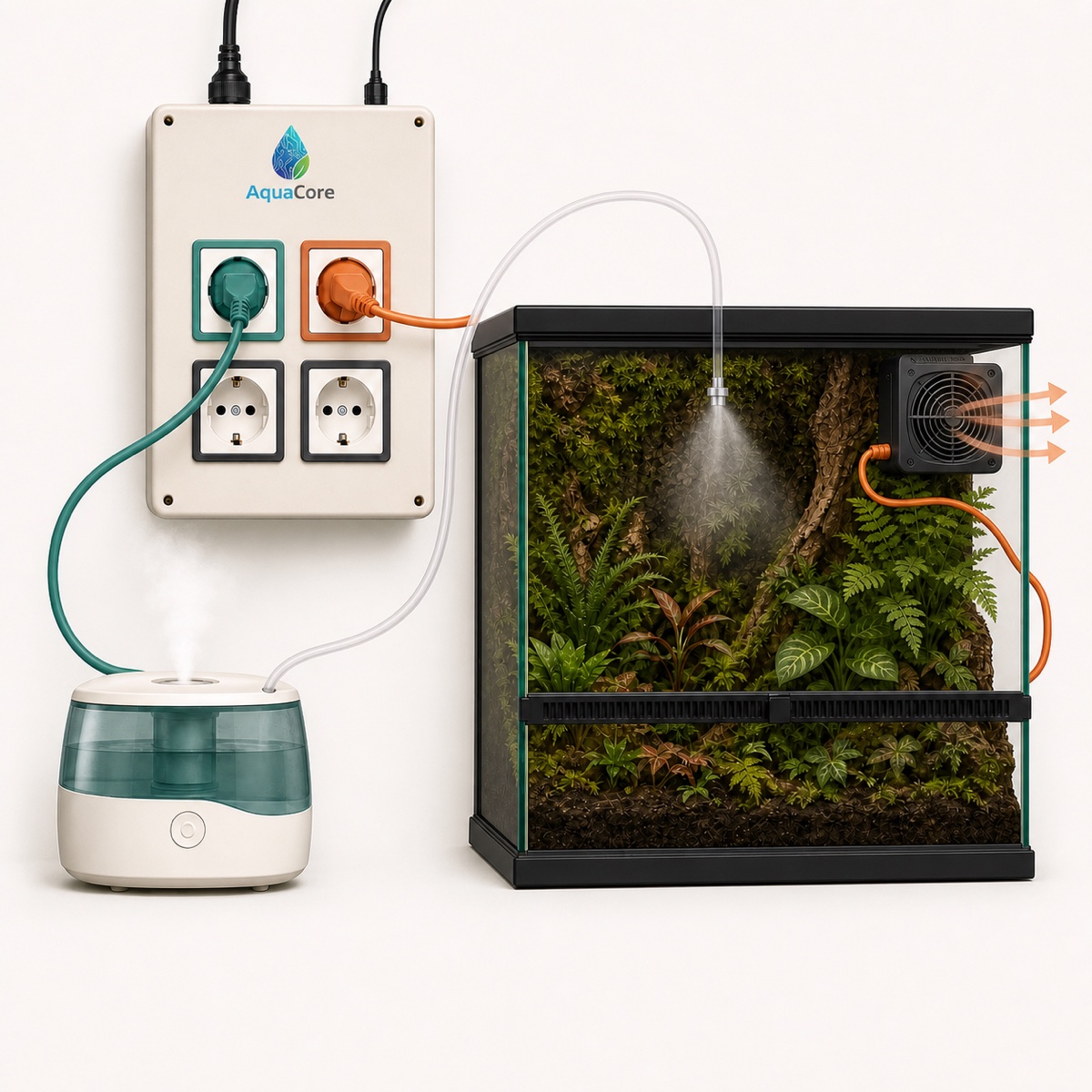 AquaCore Terra conectado a un humidificador y a un ventilador que ventila el terrario.