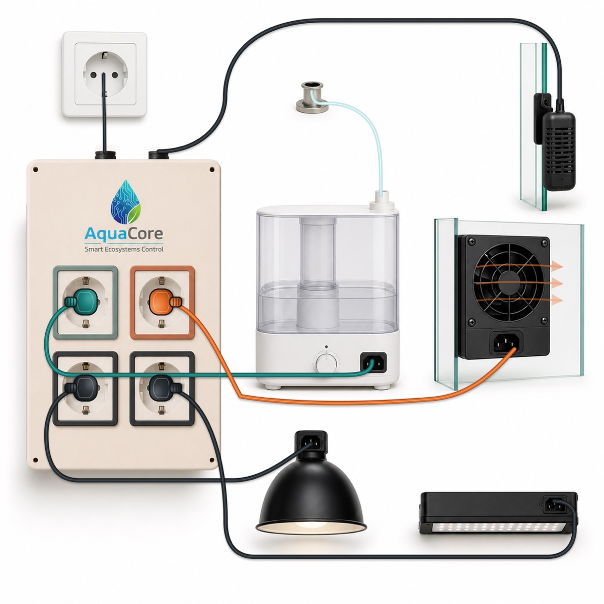 Mapa completo del AquaCore Terra con el sensor, el humidificador, el extractor y las lámparas correctamente conectados.