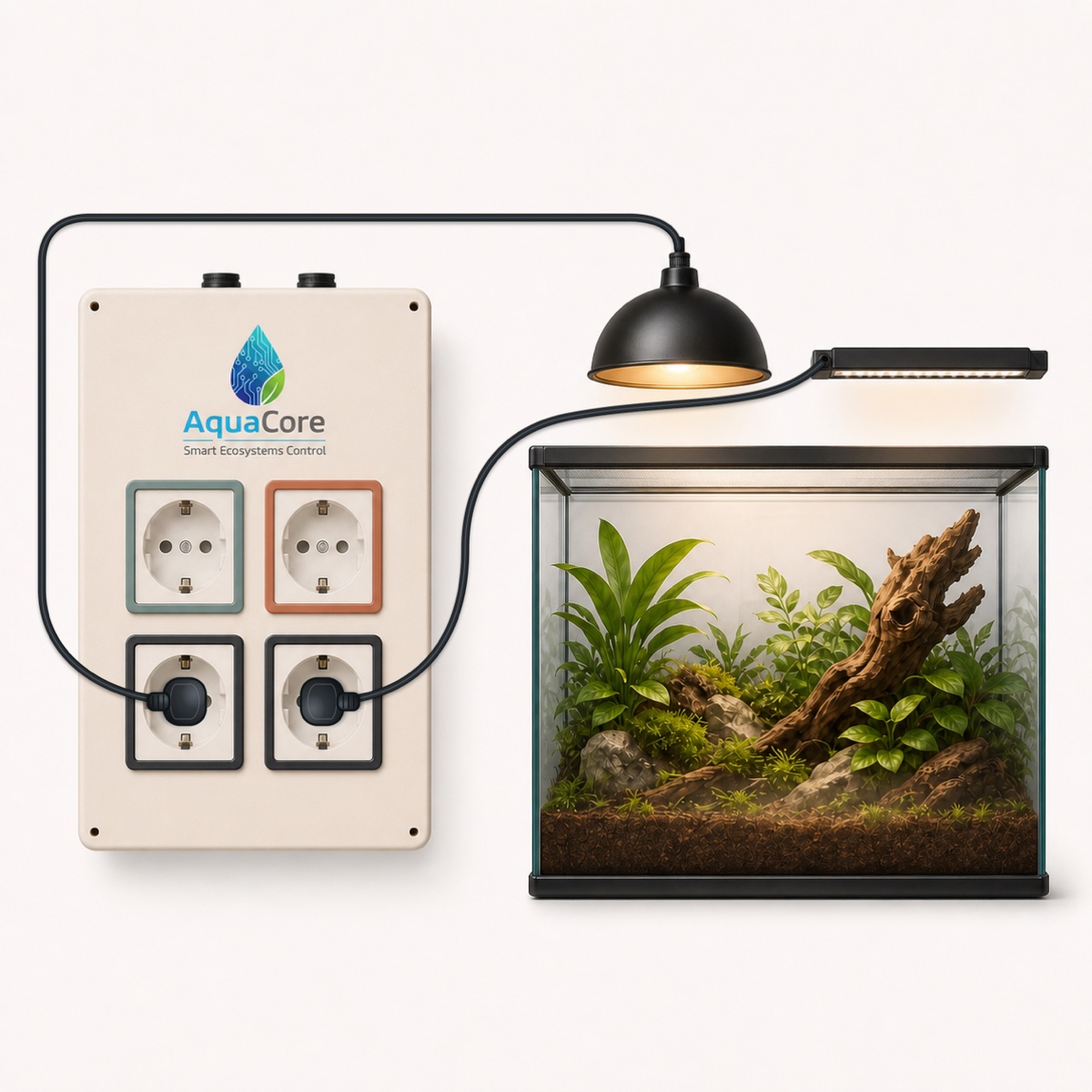 Los dos enchufes programables del AquaCore Terra conectados a la lámpara de calor y a la iluminación diurna.