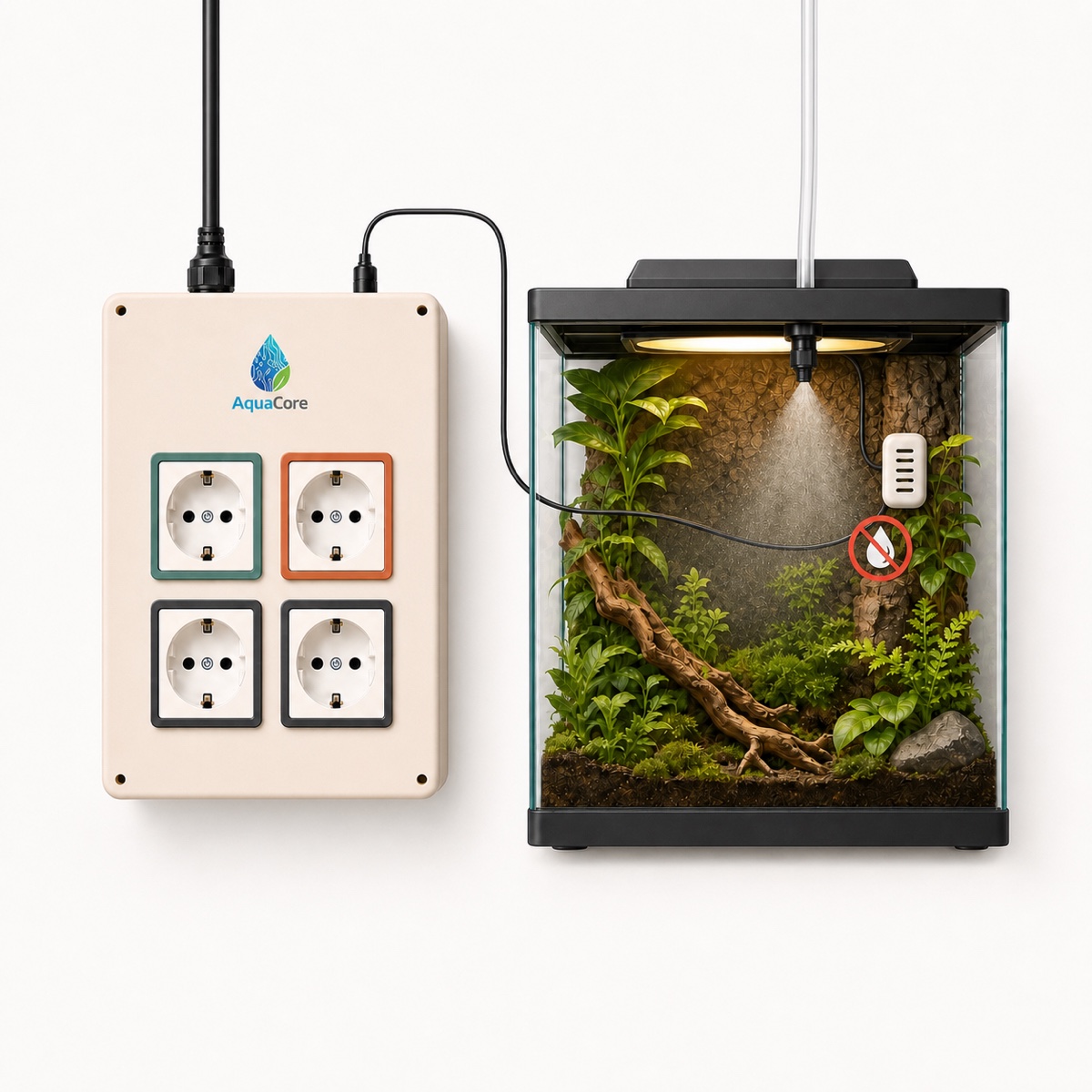Sensor de temperatura y humedad detrás del riego, protegido del agua dentro del terrario.