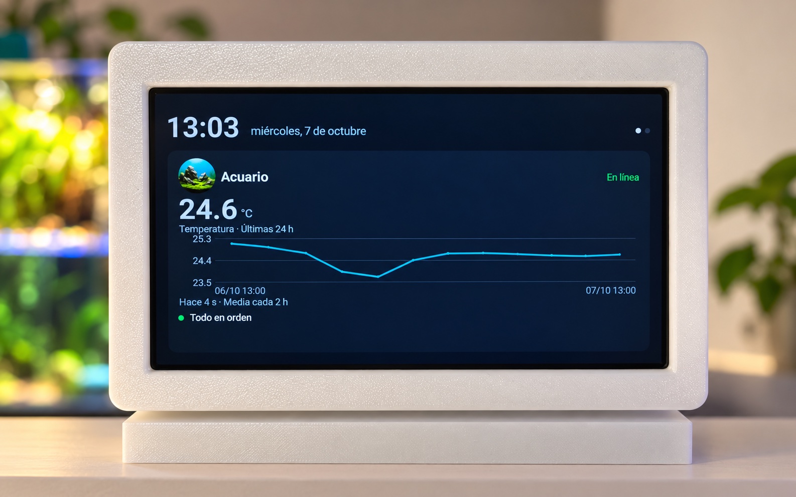 AquaCore Display en reposo con la temperatura y el histórico del acuario