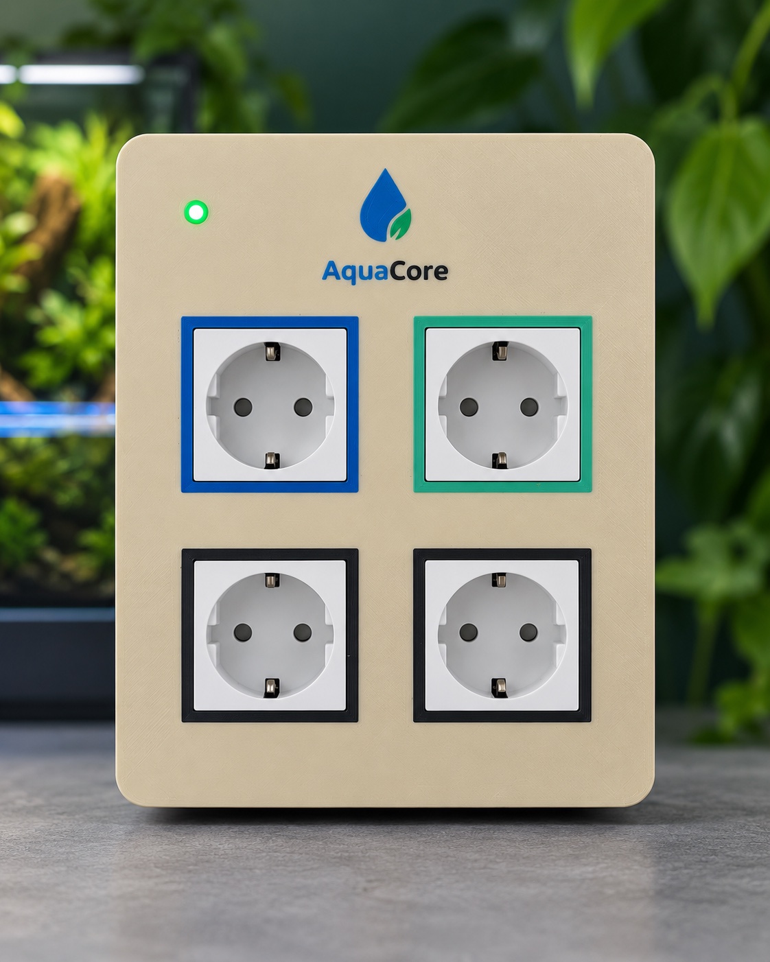 Prototipo real de AquaCore Terra con cuatro enchufes configurables